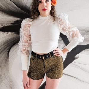 White Crop Top  coquette girl with Contrasting Organza Balloon Sleeve New